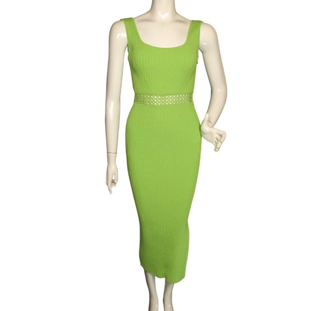 HOUSE OF HARLOW 1960 Midi Dress, XS, Bodycon, Ribbed knit, Eyelet Waist, Green